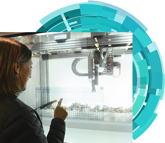 Woman pointing at objects in a display