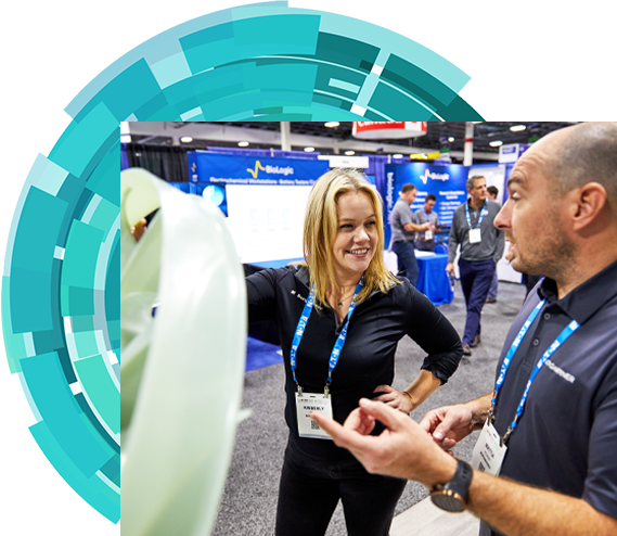 Tradeshow attendee looking at a product being showcased at the show