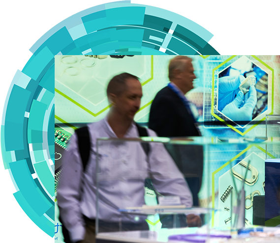 An expo attendee viewing product showcase on the show floor.